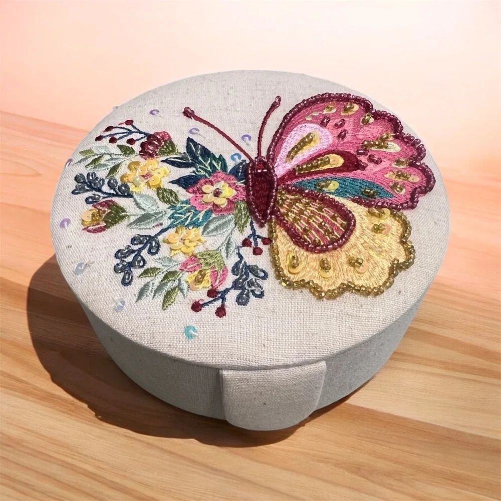 NEW Butterfly Embroidered Round Jewelry Box